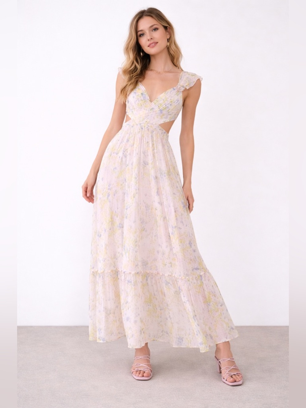 ASTR Primrose Floral Cutout Maxi Dress Pastel Small Romantic Flowing